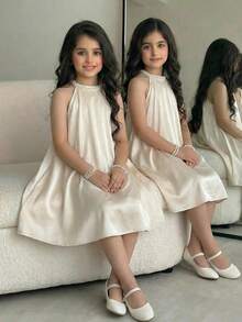 Girls' Elegant Fitted Stand Collar Sleeveless A-Line Beaded Dress, Spring/Summer - Apricot - View 4