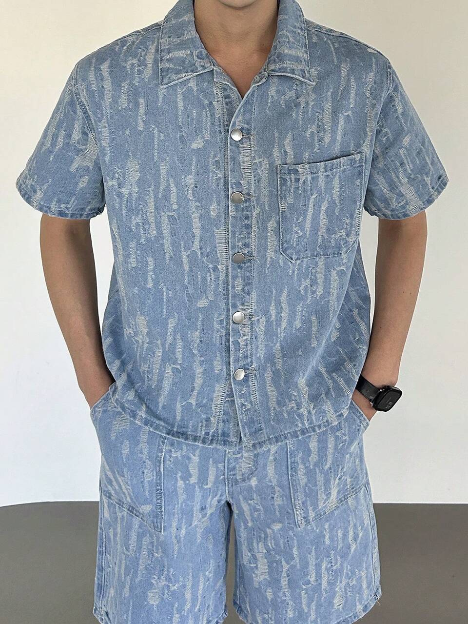 Men's Summer Short Sleeve Shirt And Shorts Denim Suit, Textured Fabric