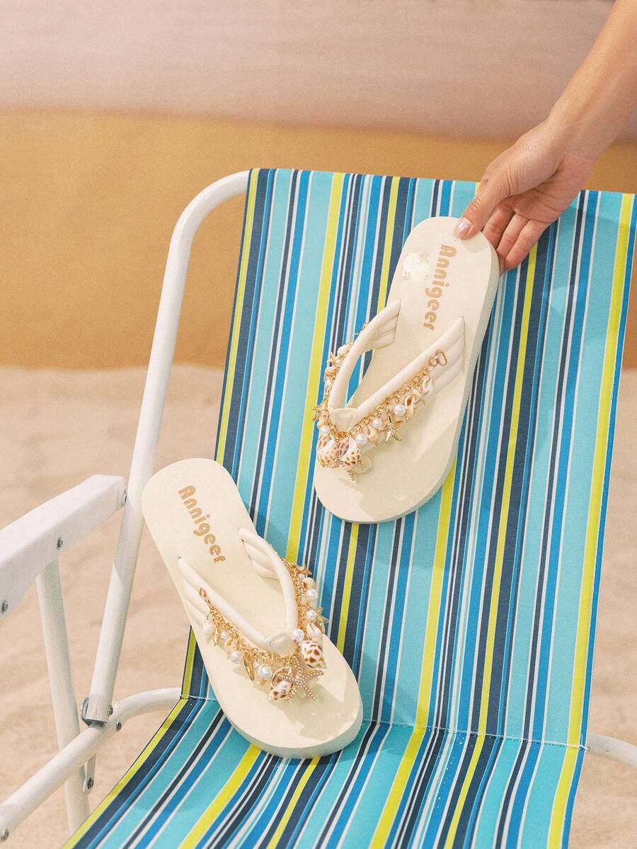 Swim Mod Women EVA Platform Wedge Slip-On Sandals, Bohemian Style Shell Chain Decor Beach Holiday Flip Flops, Spring/Summer