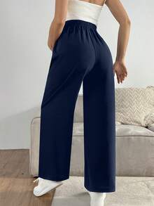 SHEIN Pantalones casuales de mujer de pierna recta, cintura elástica y unicolor - azul real - Ver 2