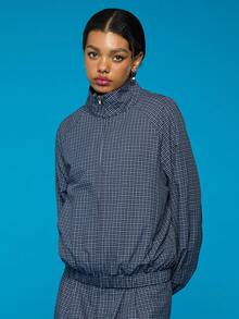 COUREZ Veste de survêtement zippée à col montant style quadrillé/Y2K printemps pour femmes, vestes bleues, vestes légères, vestes d'été mignonnes pour sortir, vestes d'été pour festival de printemps-été, veste de sport à col cheminée - Bleu azur - Voir 5