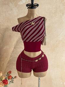 Soleia Women's Striped Asymmetrical Shoulder Cinched Waist Fashionable Top - Multicolor - View 1