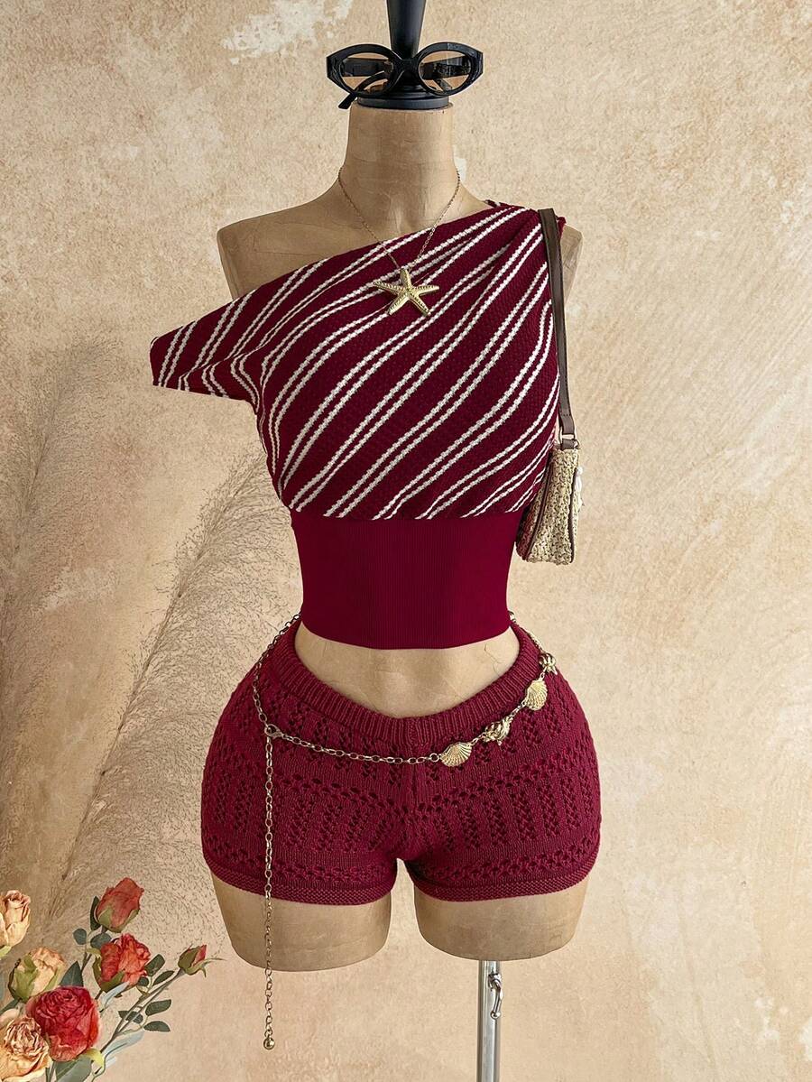 Soleia Women's Striped Asymmetrical Shoulder Cinched Waist Fashionable Top - Multicolor - View 1