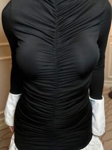 hhfernanda Color Block Gathered Fitted Elegant Long Sleeve Dress Ruched Dress Shirred Dress Ruched Top Cinched Waist Top Ruched Skirt Winter Party Evening Dress Spring - Black and White - View 3