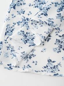 GlowEve 女士花卉玫瑰印花圆领A字喇叭袖休闲日常通勤时尚优雅情人节约会法式街头复古百搭派对白色底蓝色玫瑰印花早春/春夏短袖中长连衣裙 - 彩色 - 查看 7