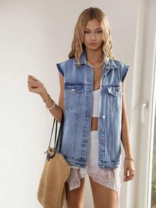 Sunnyshic 女士单排扣休闲百搭牛仔背心 - 淺色水洗藍 - 查看 4