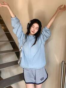 DAZY 少女字母印花插肩袖拉链连帽衫 - 藍色 - 查看 5