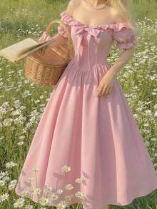 SHEIN MOD Đầm midi nữ thanh lịch, tối giản, màu trơn, xếp ly, trễ vai, eo thon, tay phồng, thích hợp cho mùa hè. - Hồng - Xem 1