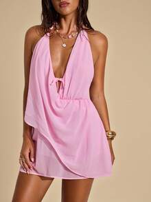 SHEIN BAE Đầm nữ màu trơn thắt nút cổ yếm hở lưng không tay - Hồng - Xem 6