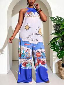 Veslaya Bộ jumpsuit ống rộng không tay in họa tiết hình học cỡ lớn Slayr, phong cách thường ngày cho kỳ nghỉ. - Màu xanh lam - Xem 5