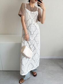 FRIFUL Women's Solid White Sheer Lace Fabric Layered Loose Casual Dress Maxi Dress - White - View 3
