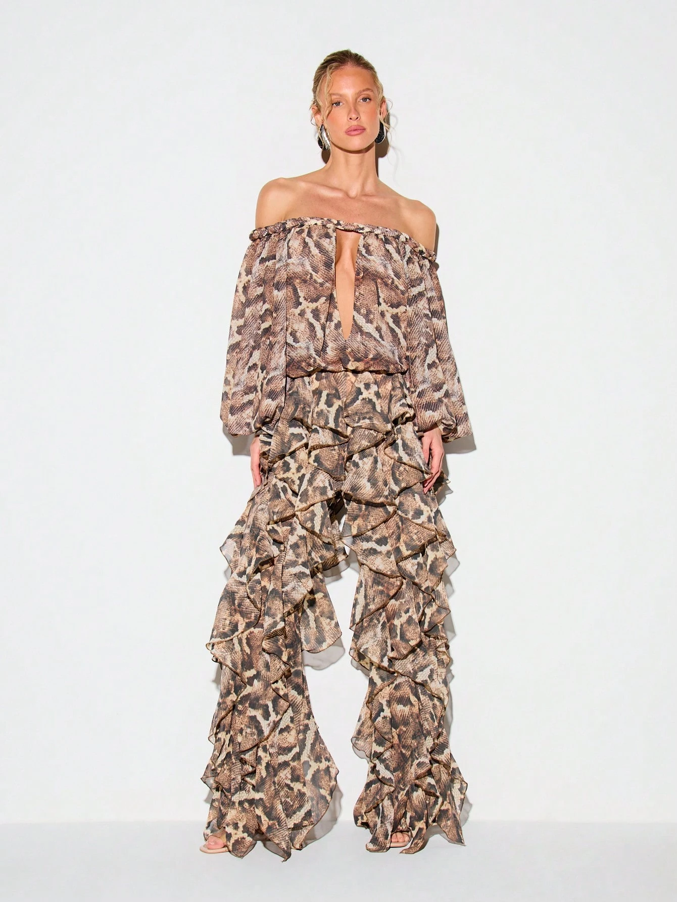 KIZN Snake Print Chiffon Ruffle Flare Pants