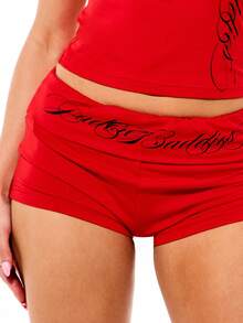 SUMWON WOMEN Quần short bó sát cạp gập, in chữ, màu đỏ, thích hợp mặc nhà, đi biển, nghỉ mát, du lịch. - Đỏ - Xem 6
