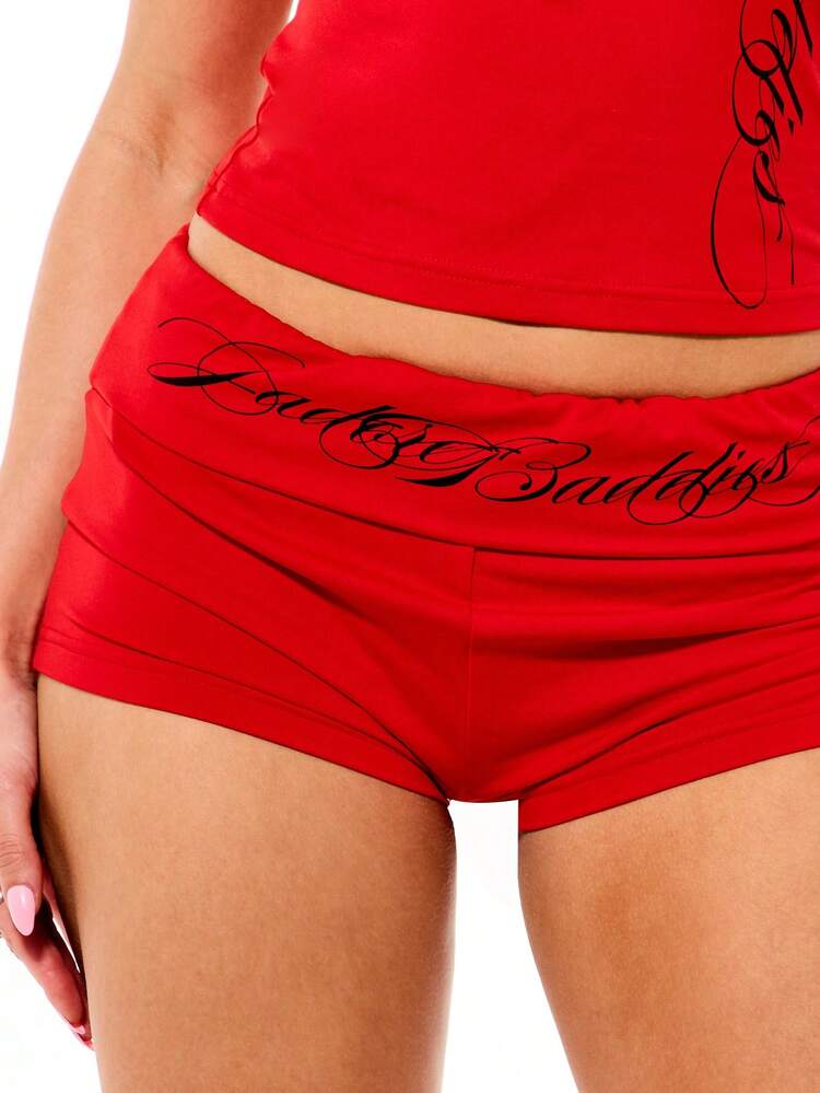 SUMWON WOMEN Fold Over Graphic Booty Shorts With Text