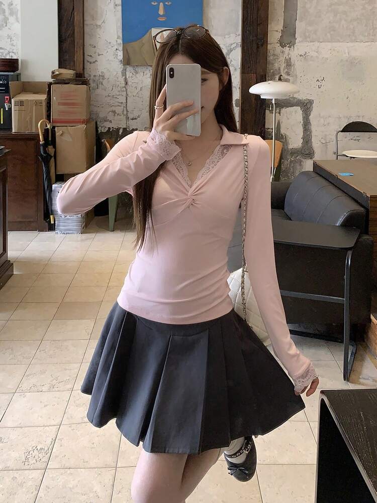 Spring & Summer Pink Hollow Lace Patchwork Top, Fashion Party Music Festival Beach Casual Crop Top With Front Tie Design, Fitted Blouse For Women