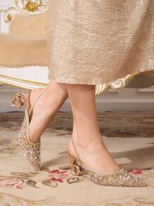 CUCCOO TILAWA New Ladies Elegant Champagne Brown Gradual Change Pearl Rhinestones Full Diamond Pointed High Heels Women's Ring Shaped With One Word Sandals Banquet Dress Wedding Shoes - Champagne - View 3