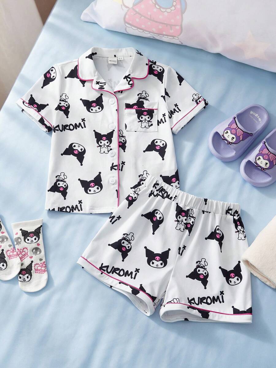 HELLO KITTY AND FRIENDS | SHEIN 女童字母卡通印花短袖上衣和短裤睡衣套装 - 紅白色 - 查看 1