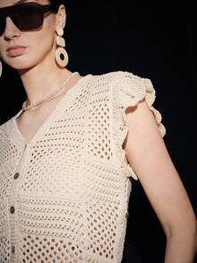 SHEIN Luminelle 女士法式V领无袖叠层提花网眼针织开衫 - 杏色 - 查看 6