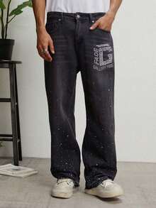 GALLERY FADE Men's Hiphop Street Fashion Rhinestone Embellished Luxury Washed Gray Straight Leg Wide Jeans - Dark Grey - View 1