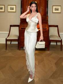 hhfernanda 女士优雅刺绣撞色蕾丝不对称半身裙，春夏款 - 杏色 - 查看 1