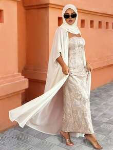 Elenzga 2025春夏高端极简蓝抹胸白披肩领连衣裙 - 黃色 - 查看 3