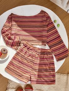 SHEIN 2件套少女针织镂空条纹里衬不对称肩长袖T恤和短裤套装，休闲，双层缝制不透明，适合春夏日常穿着 - 彩色 - 查看 9