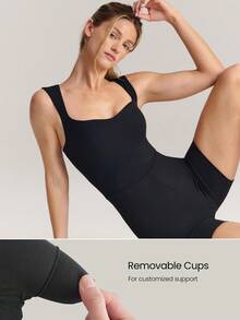 GLOWMODE 4.3" FeatherFit™ Ready, Set, Strut Buttery-Soft Sweat-Wicking Stretchy Tummy Control Sweetheart Neckline Removable Cups Bodysuit Romper Low Impact Yoga Pilates Studio Gym Workout Daily Wear - Black - View 3
