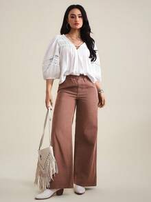 SHEIN Tall Women's Elastic Waist Wide Leg Loose Casual Denim Pants - Coffee Brown - View 7