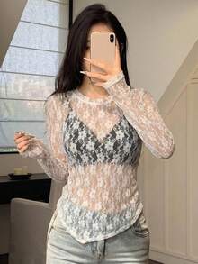 DAZY 女士白色蕾丝不对称修身长袖T恤，透视设计，夏季 - 白色 - 查看 6