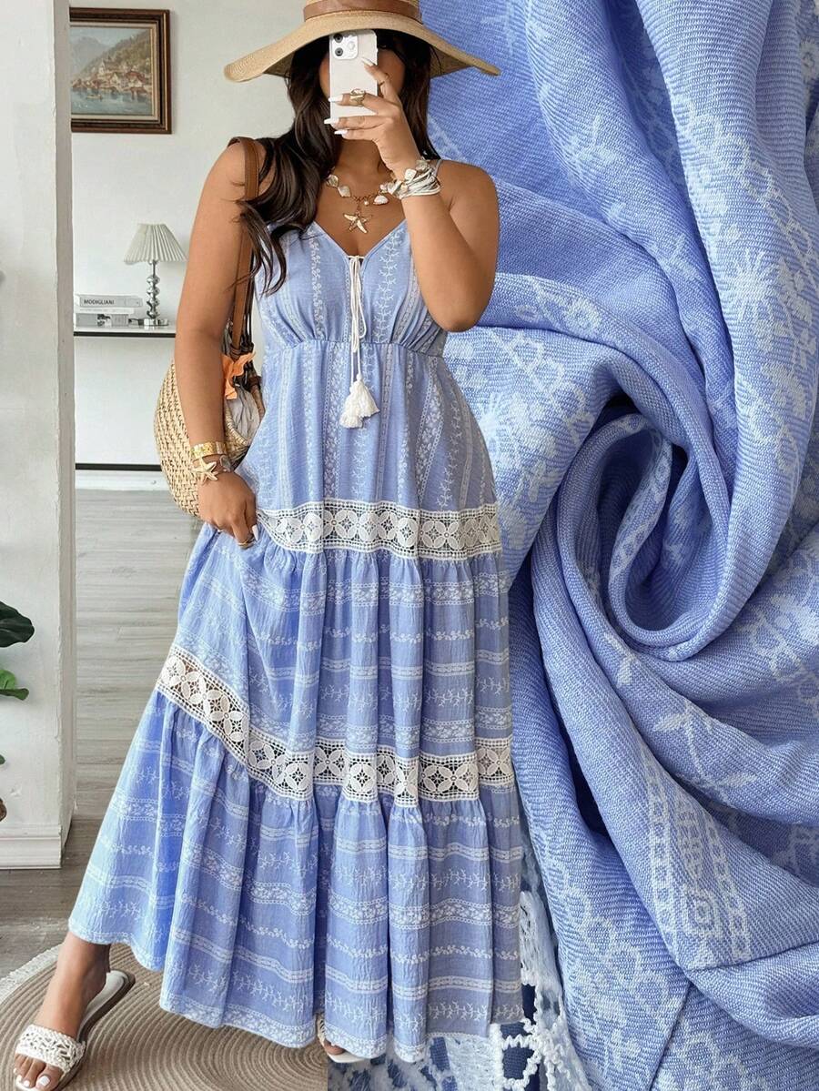 Vionelle 大码蓝色花卉蕾丝边休闲度假连衣裙，春夏款