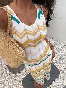 Selianne Spring/Summer Casual Vacation Style Round Neck Sleeveless Fitted Knit Tank Dress For Women - Multicolor - View 1