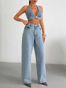 SHEIN Top & Jean Two Pieces Denim Set - Light Wash - View 5