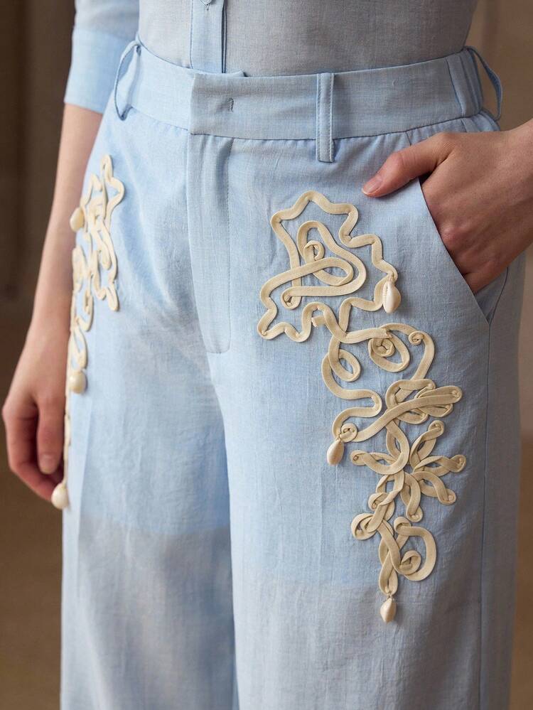 WOMEN'S BLUE & WHITE FAUX LINEN SUMMER VACATION EMBROIDERED DRAWSTRING PANTS