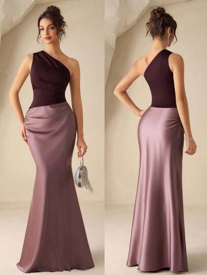 Coutiva Elegant Color Block One Shoulder Mermaid Bridesmaid Dress One Shoulder Formal Dress Mauve Formal Dress Long Satin Gala Dress Long Satin Gala Dress Dress Elegant Elegant Gala Dress Long Satin Dress