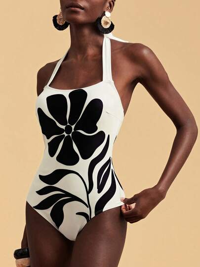 Travachic Women's Floral Print Halter Tie One-Piece Swimsuit, Suitable For Beach Vacation, Pool Party, Beach Party