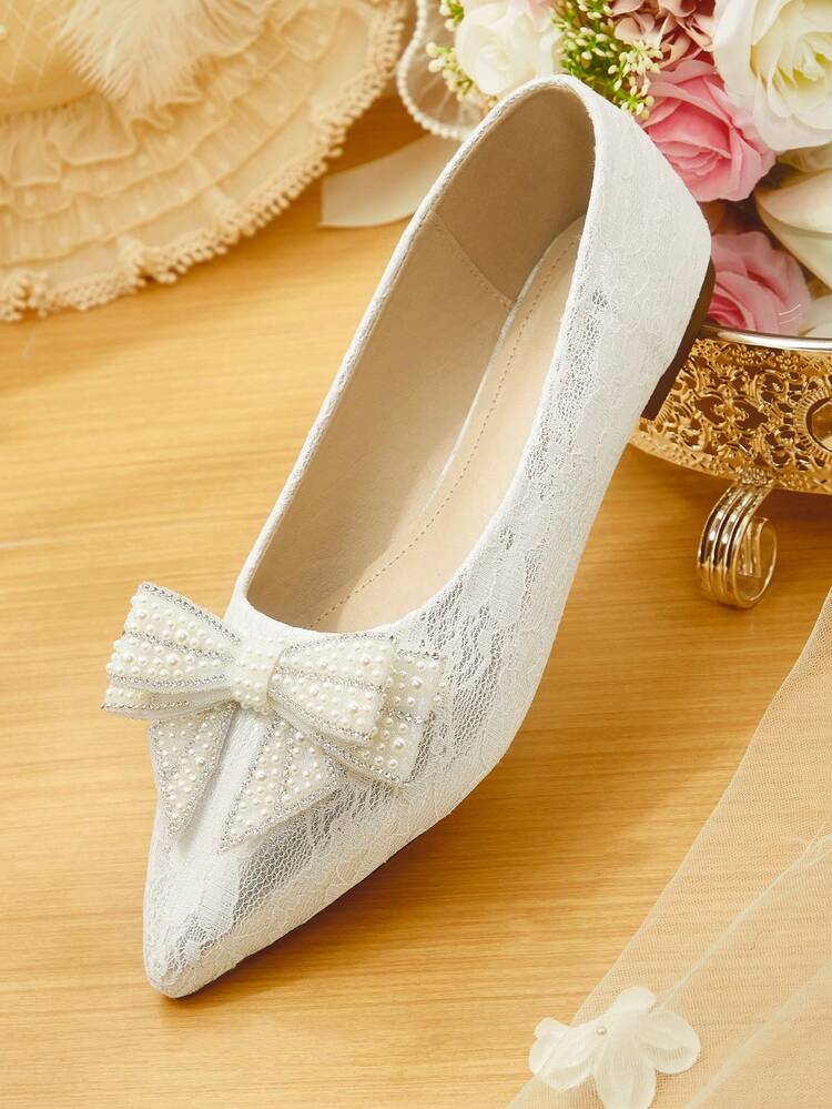 CUCCOO HITCHD Women's Flat Pointed Toe Floral Mesh Faux Pearl Rhinestone Bow Slip-On Casual Comfortable Loafers Wedding Shoes Spring Shoes Bride Shoes