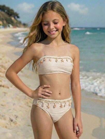 SHEIN 少女特制面料贝壳缎带装饰抹胸比基尼套装