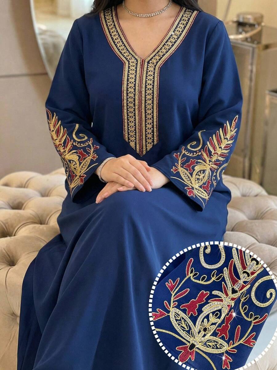 Al Najma Plus Size Women Elegant Embroidered V-Neck Arabic Style Dress - Navy Blue - View 1