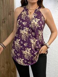 SHEIN LUNE 大码夏季休闲印花露背吊带衫 紫色印花上衣和衬衫 女士精品上衣 女士上衣和衬衫 优雅女士上衣 女士衬衫 休闲优雅 - 紫色 - 查看 4