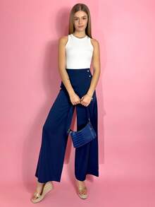 Aless PB 女士高腰显瘦阔腿藏蓝色长裤，适合通勤。 - 藏蓝色 - 查看 1