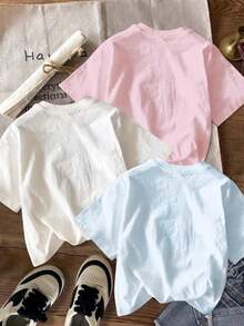 SHEIN 三件套少女白色、浅蓝色、浅粉色休闲基础款圆领短袖T恤，饰有热带花卉、芙蓉花、鸡蛋花、海星、贝壳印花，适合春夏日常穿着、度假休闲，春夏时尚，新款，时髦，轻松别致，休闲时尚，复古风 - 彩色 - 查看 2