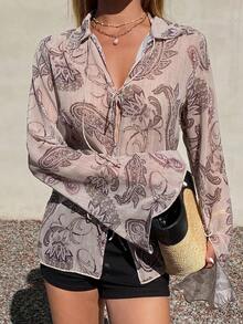 Livesso 女士休闲系带腰果印花长袖衬衫，日常百搭 - 卡其色 - 查看 3