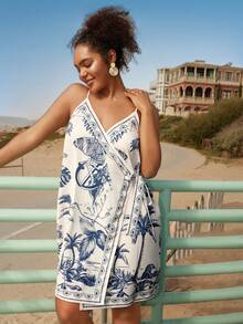 Travachic 大码热带印花系带吊带连衣裙，休闲度假风 - 藍白色 - 查看 1