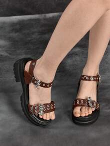 Sugerpunk 女士厚底坡跟凉鞋 暗黑摇滚朋克哥特风 夏季露趾皮带扣Y2K派对鞋 夏季露趾罗马沙滩凉鞋 - 紅棕啞光 - 查看 1