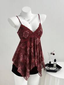 Elamini Vintage Perris Floral Sequin Asymmetric Hem Camisole Patchwork Lace Trim Women Tank Top, Spring/Summer - Red - View 5