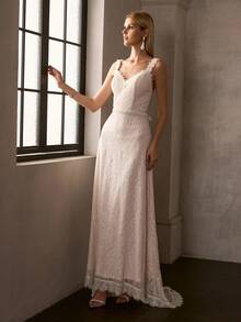MOTF Soiréza WOMEN SWEETHEART NECK LACE GOWN WITH BACK CROSS STRAPS, FLORAL LACE ACCENTS, A-LINE FLOWING SKIRT WITH TRAIN & SHEER LIGHTWEIGHT FABRIC , IDEAL FOR WEDDINGS, GALA DINNERS, CELEBRATIONS & FORMAL PARTIES - Apricot - View 7