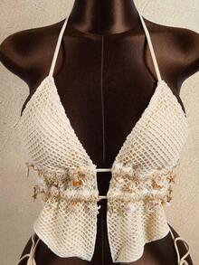 Bộ bikini 2 mảnh mùa hè dành cho nữ, chất liệu vải lưới, kiểu dáng thường ngày, buộc dây cổ. - Màu be - Xem 6