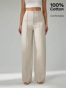 SHEIN Tall 夏季女士浅米色100%纯棉休闲优雅西装裤 - 卡其色 - 查看 2