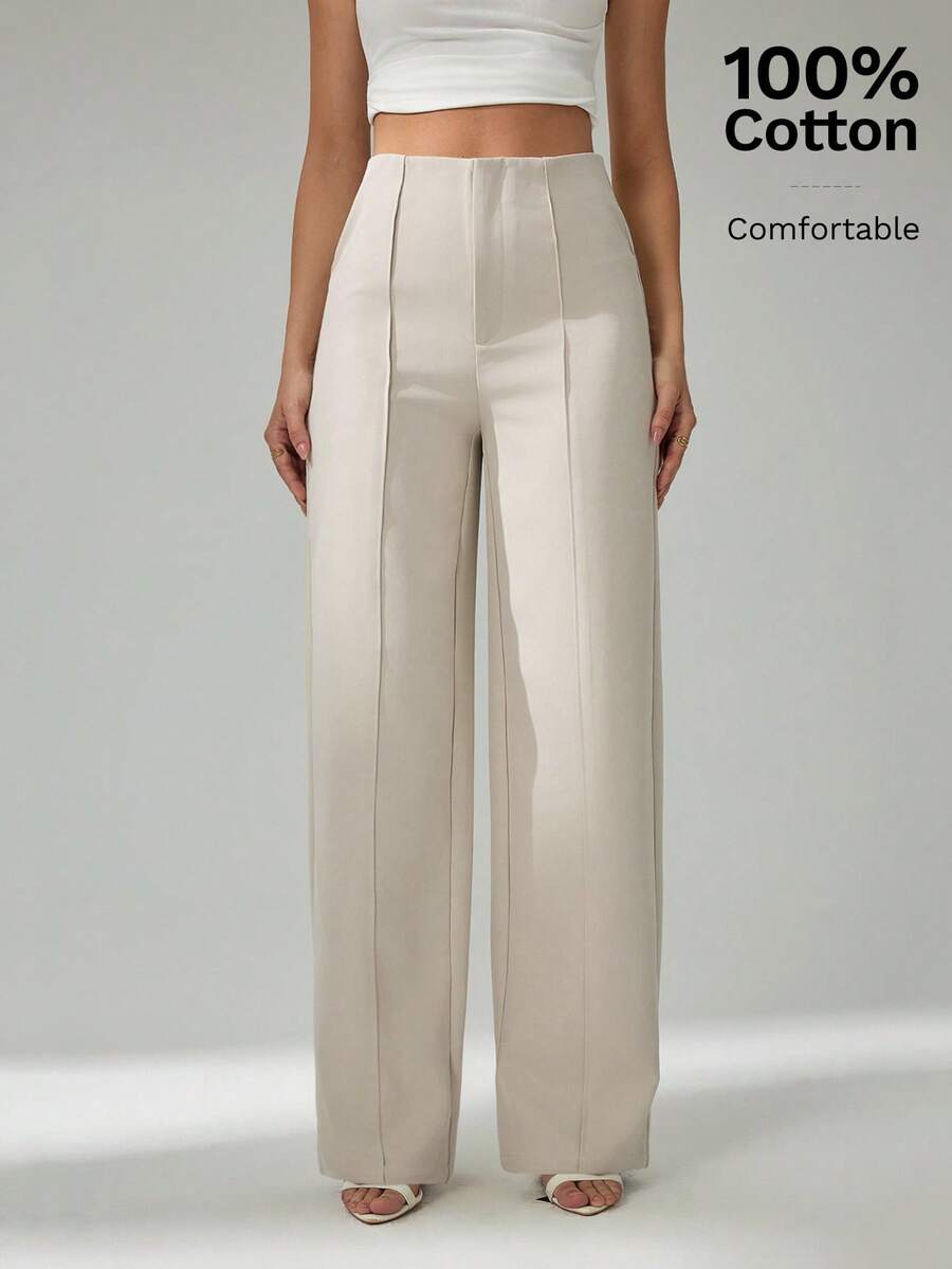 SHEIN Tall 夏季女士浅米色100%纯棉休闲优雅西装裤