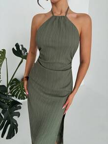 Firerie Women's Elegant Romantic Date Holiday Dress, Green Halter Neck Backless Ruched Waist Straight Hem Dress, Beach Holiday Dress, Beach Cover Up - Olive Green - View 8